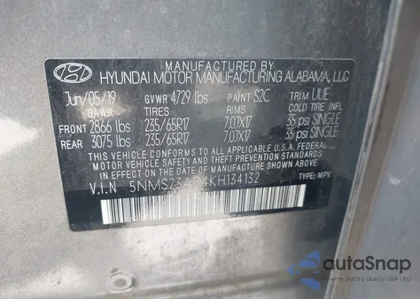 2019 Hyundai Santa Fe Se from USA, damaged, VIN 5NMS23AD4KH134132